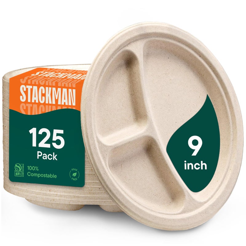Stack Man 100% قابلة للتحلل، 3 أقسام، أطباق ورقية قابلة للتصرف [125-عبوة] - {خالية من PFAS} - {معتمدة من BPA} - [9 بوصة] صواني غداء ثقيلة الوزن قابلة للتحلل من بقايا قصب السكر + فواصل - صينية مقسمة - Image 1